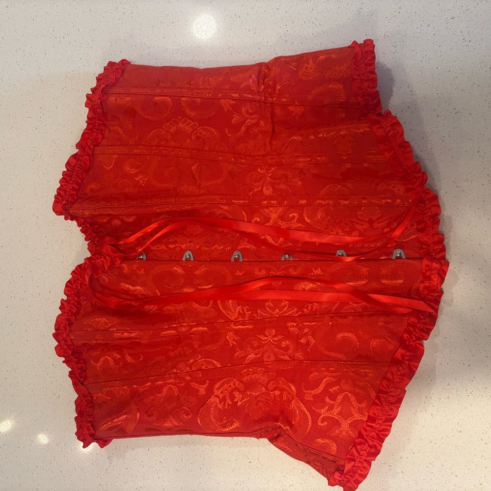 Red Brocade Corset Top with Ruffle Trim